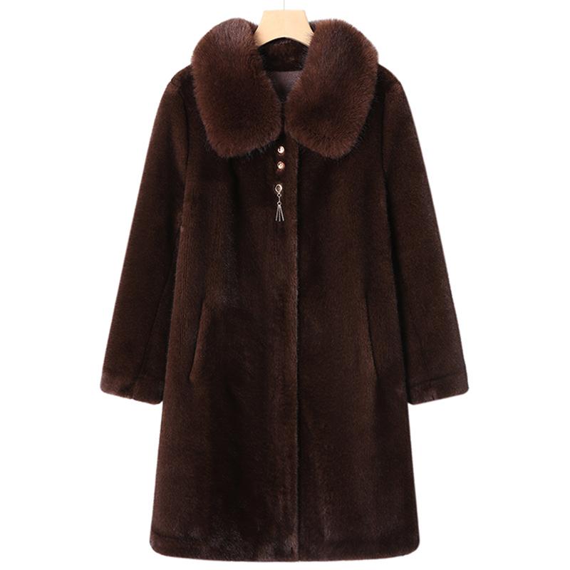 Zimní dlouhý kabát z umělé kožešiny pro ženy Hřejivý hustý luxusní svrchník Elegantní bunda z kožešiny pro ženu středního věku