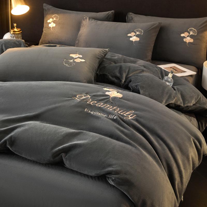 Thickened Milk Fleece Four-Piece Set, Coral Double-Sided Fleece Embroidered Crystal Fleece Quilt Cover, Bed Sheet, Bed Hat Three-Piece Set