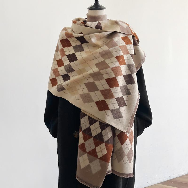 

British Vintage Neutral College Style Plaid Rhombus Imitation Cashmere Scarf Tassel Premium Beige Student Large Shawl