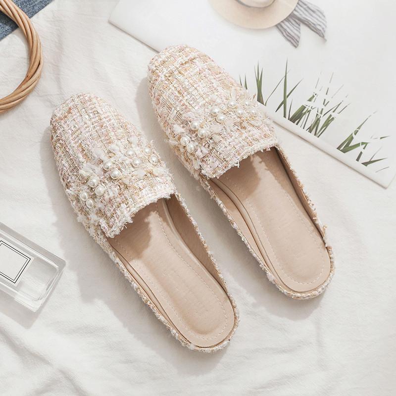 Летняя обувь удобные большие размеры жемчужные тапочки женские повседневные сандалии на плоской подошве с бантом и женские тапочки 43 слоновая кость 1298₽