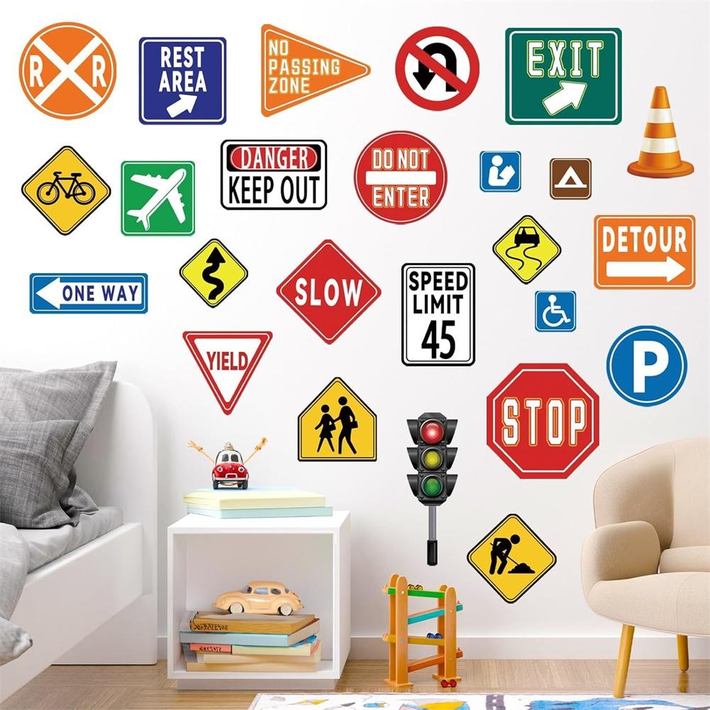25pcs Traffic Road Signs Wall Stickers Stop Street Transportation Signs Home Bedroom Wall Stickers Accessories