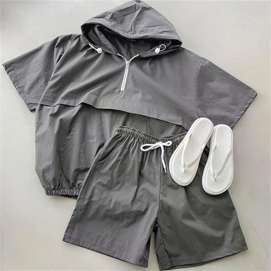 Women's 2 Pieces Sets Sweat Suit Summer Shorts T-shirt Hooded Loose Sports Tracksuit Training Bottom Suit Korean Style