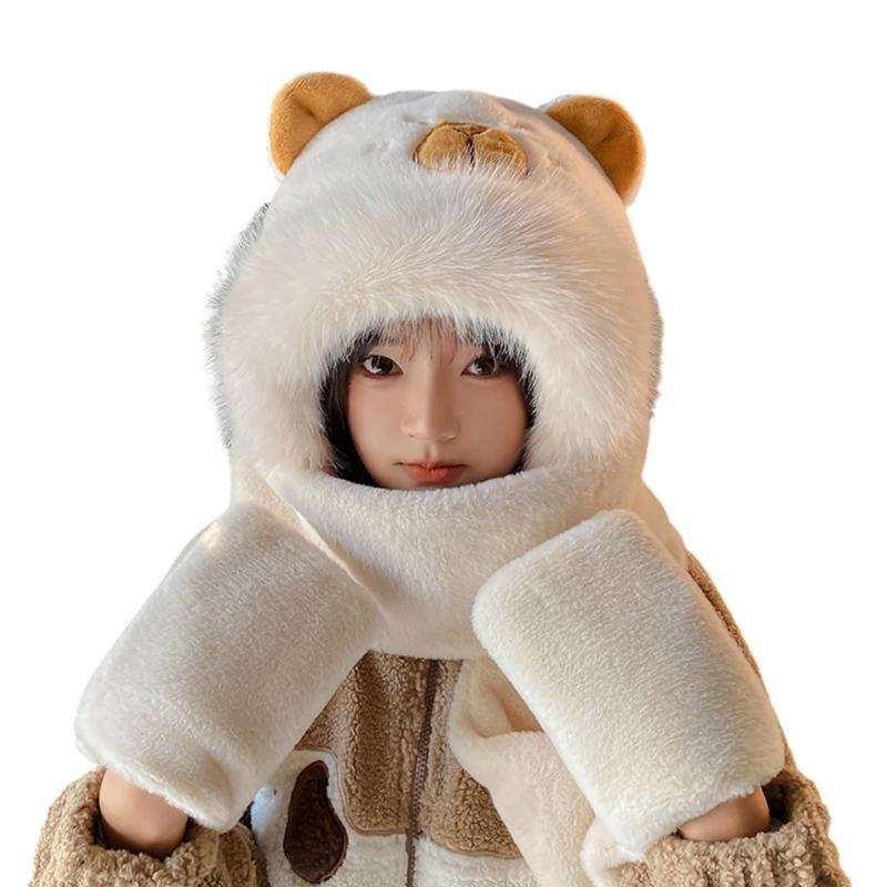 Furry Cartoon Capybara Hat with Scarf Gloves Set Thicken Furry Hat Oversized Headgear Hat for Winter Commute