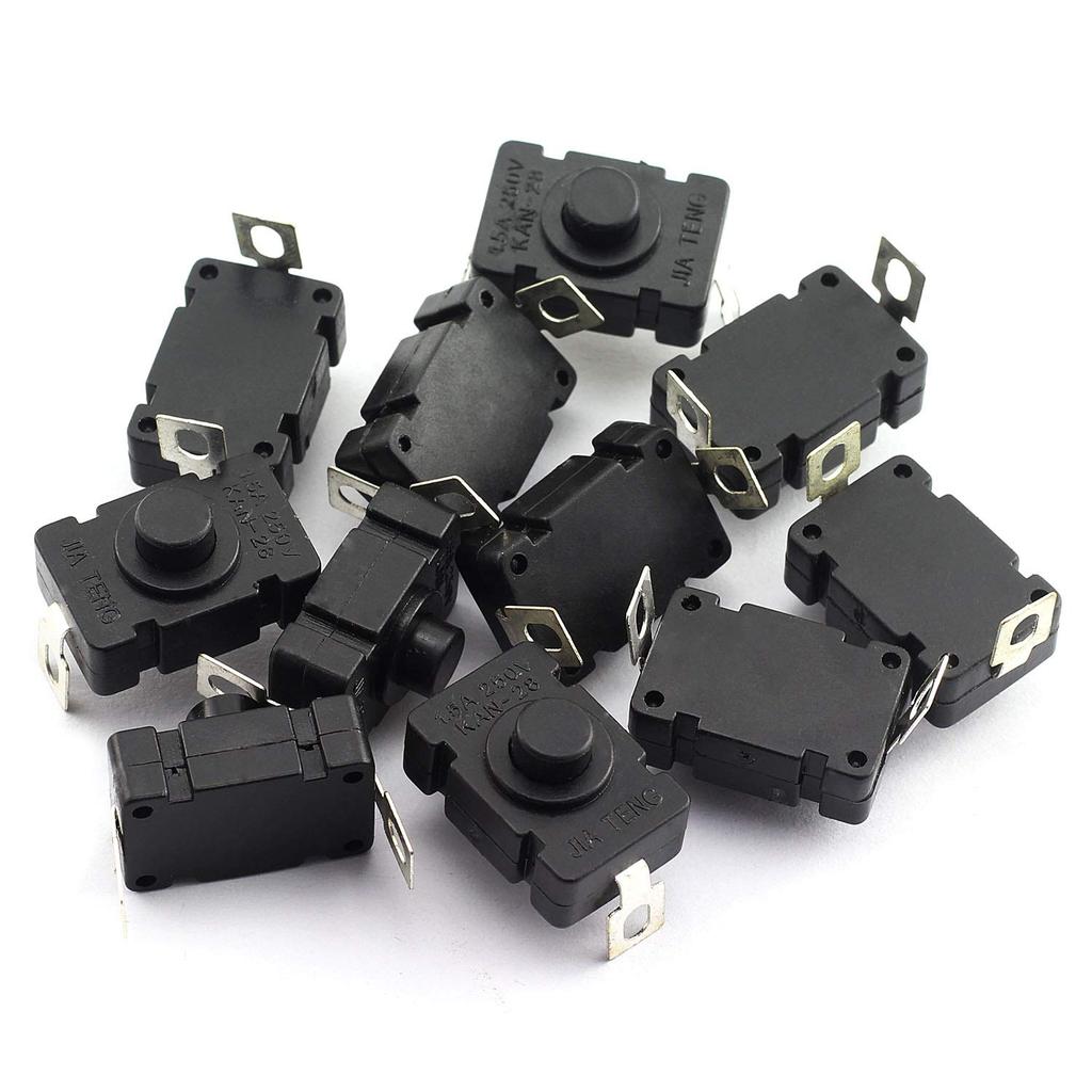 10pcs Self-Lock Push Button Switch KAN-28 for Flashlight SMD Type ON-Off Mini Switch (Bent Pin with Hole)