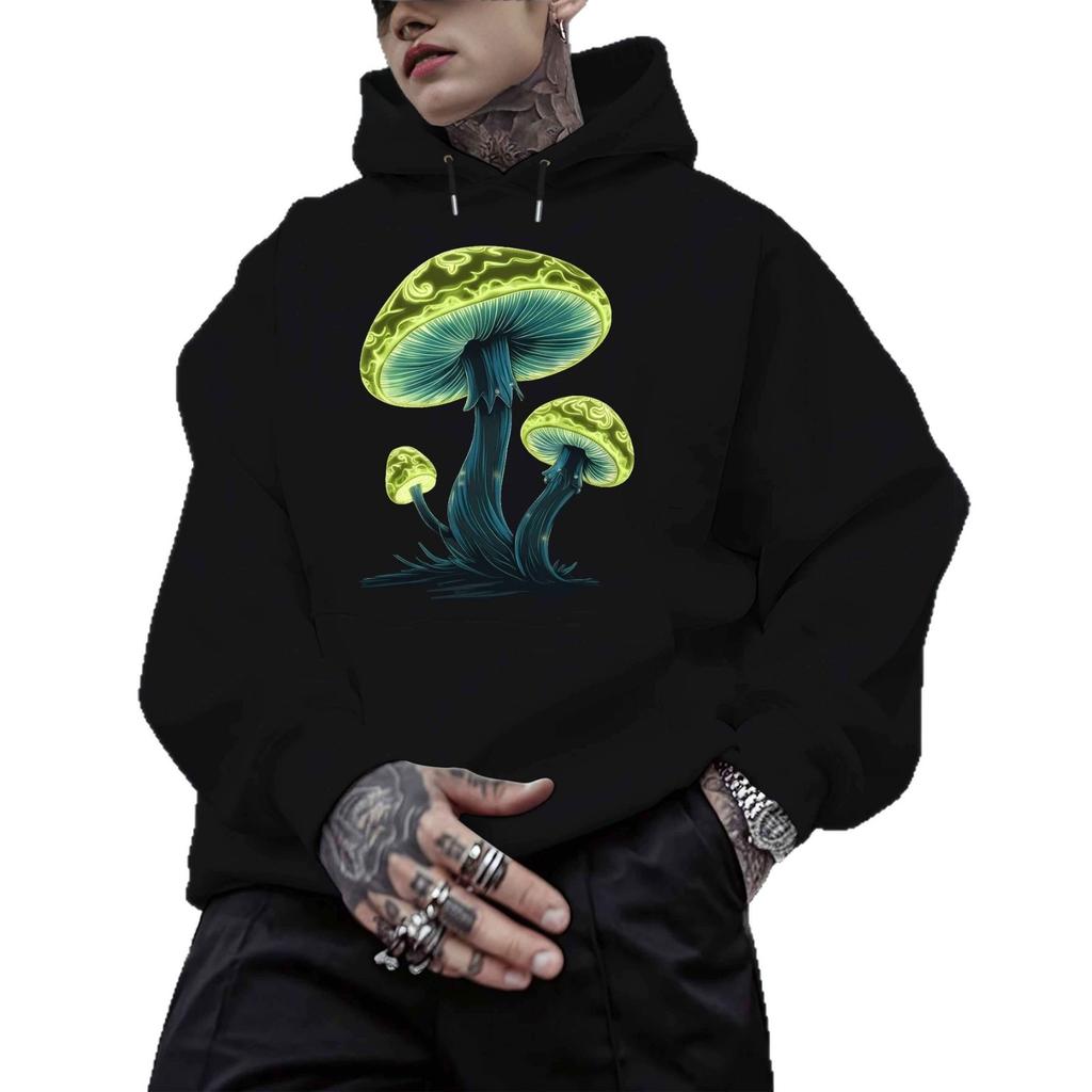 Psychedelic Fluorescent Mushroom Print Hooded Sweater, Hemp Gray Loose Shoulder Street Coat for Men and Women