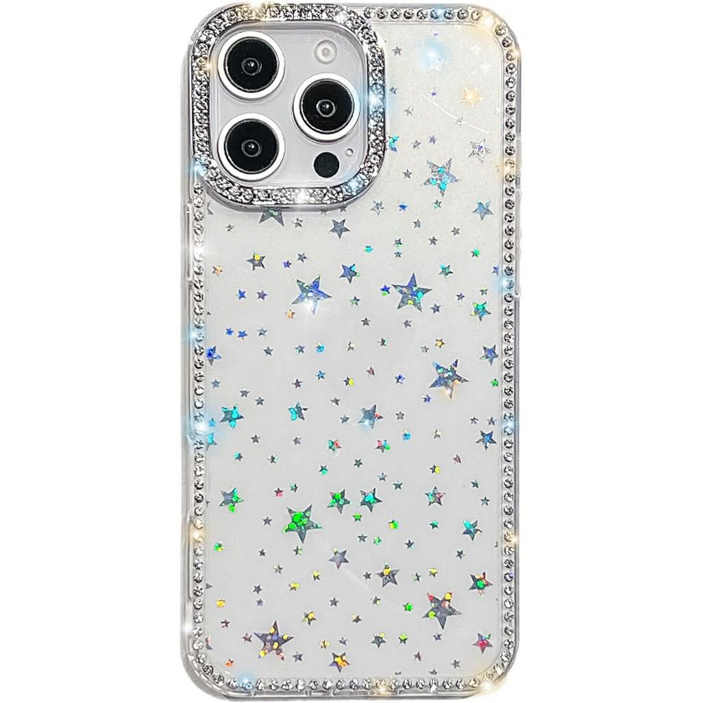

For iPhone 16 Pro Case Rhinestone Edge Glitter Back TPU+PC IMD Phone Cover Starry Transparent