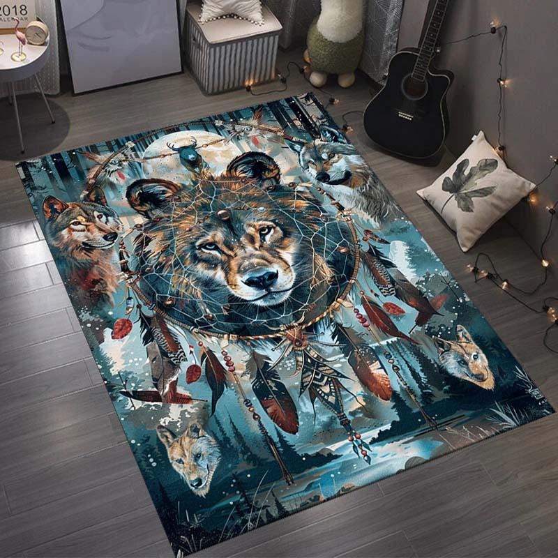 Dream Catcher Wolf Area Rug  Polyester, Non-Slip Carpet Chair Mats for Office and Home, Indian Wolf Spider Pattern, Versat