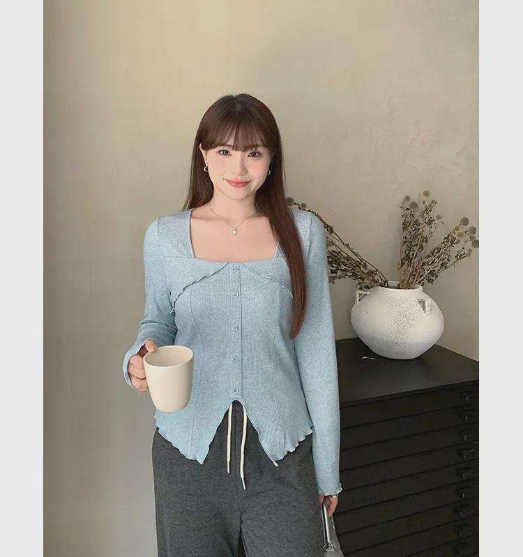 Women's Plus Size Square Collar Long-Sleeve Slimming T-Shirt for Spring
