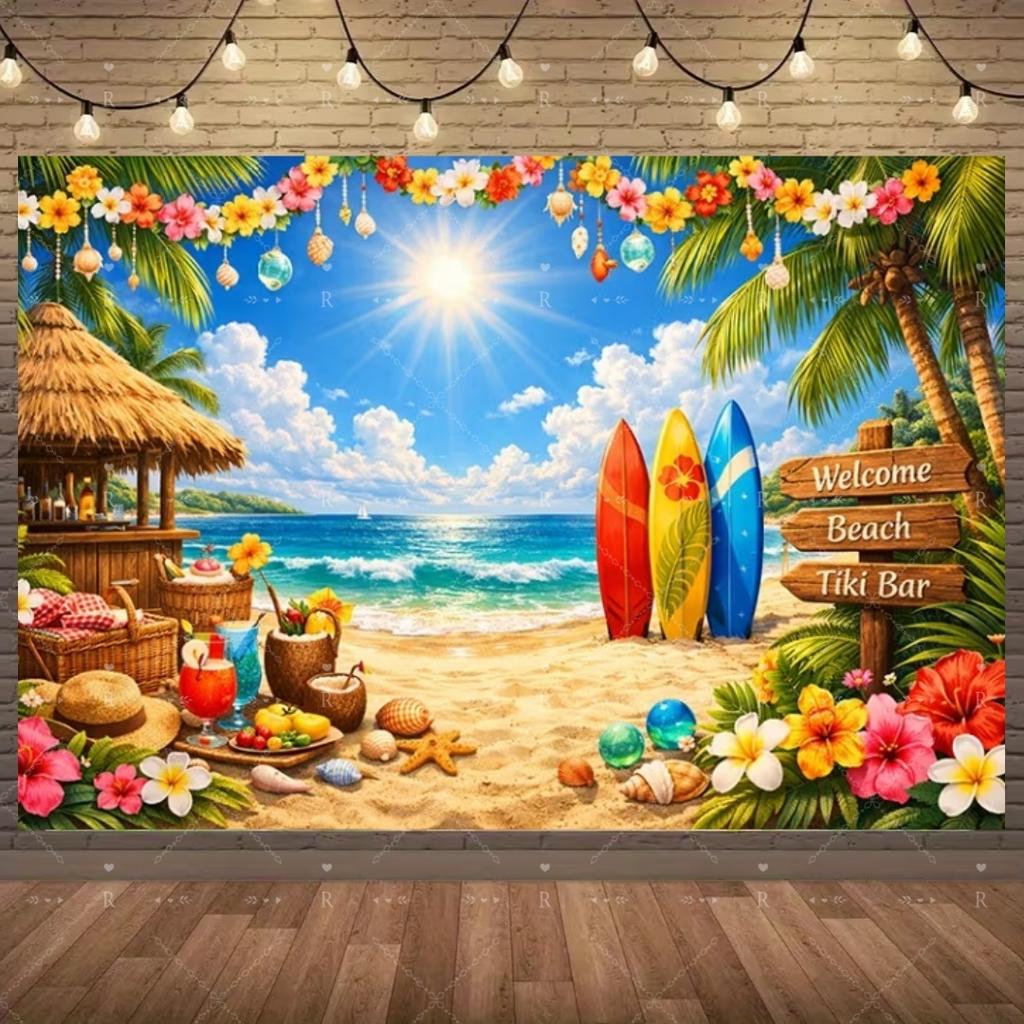 Summer Beach Holiday Party Decoration Backdrop Sunshine Flamingo Ocean Surfboard Portrait Photography Background Props Banner