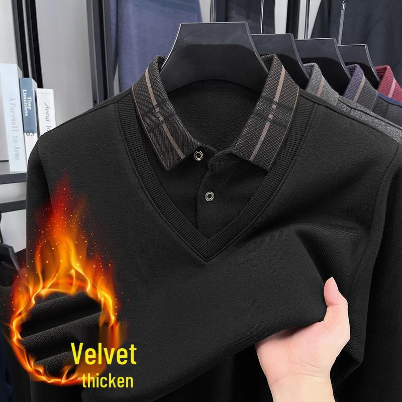 Men's Winter Thickened Knit Sweater with Lapel - Business Casual, Plus Velvet, Fake Two-Piece Design