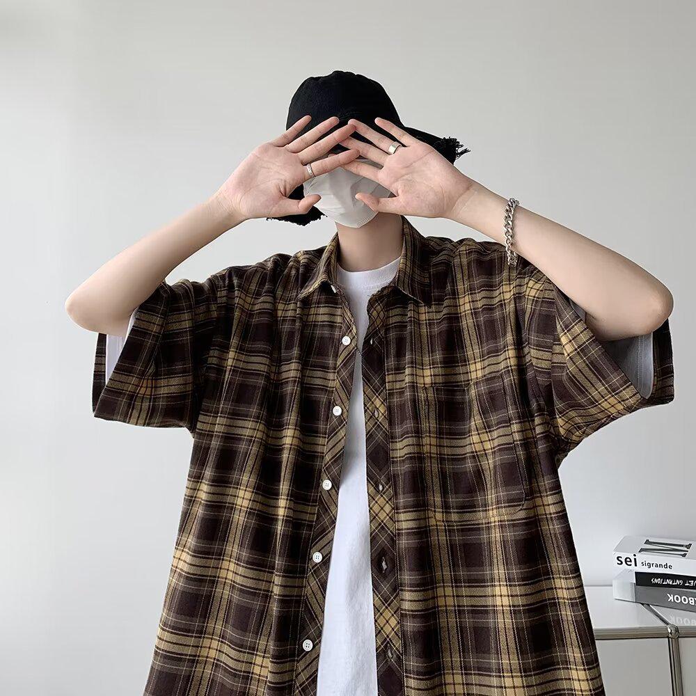 Men's Japanese Retro Plaid Five-Point Sleeve Shirt - American High Street Fashion