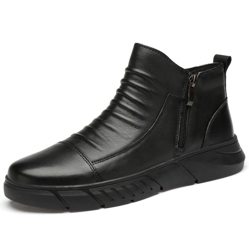 Men s Large Size Slip-on Cowhide Mid-Calf Boots - Round Toe, Plus Velvet, Casual Fashion. Size 43