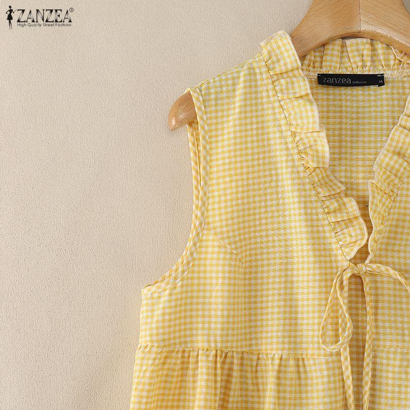 ZANZEA Women Plaid Print Casual V-Neck Sleeveless Blouse