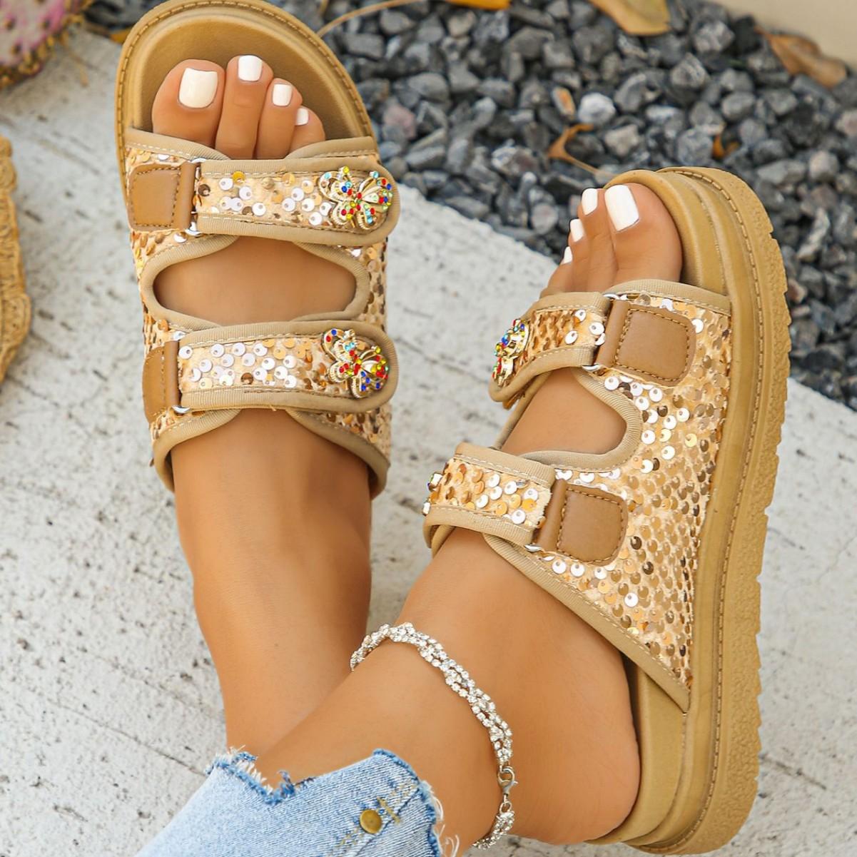 

2025 thick bottom one-word with Velcro sequins solid color slippers large Europe and America fashion slippers spot foreign trade 43 золотой