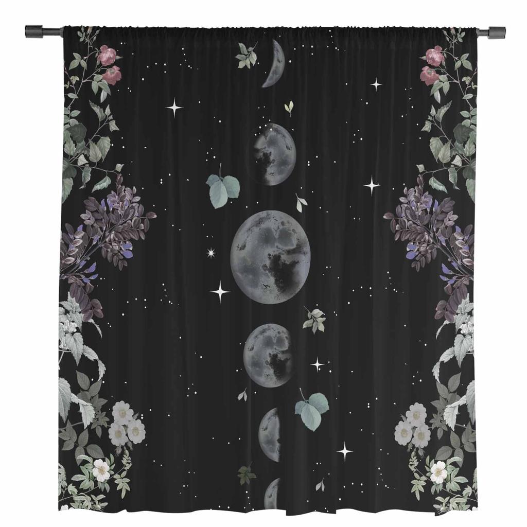 Lunar Flowers Plants Retro Stars Black Sheer Curtains for Living Room Decoration Window Curtains Kitchen Tulle Voile Curtains