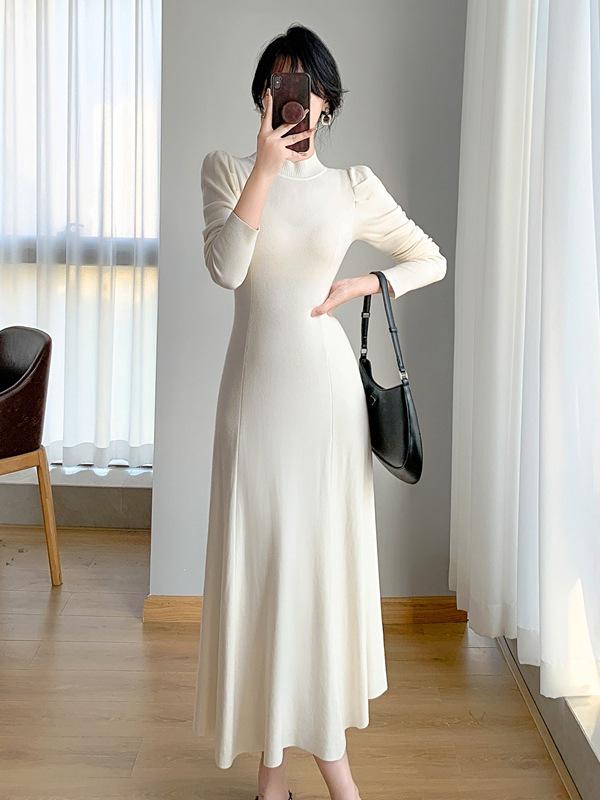

Autumn/Winter Long Wool Over-Knee Knit Dress with Semi-High Neck for Women L