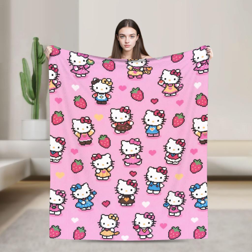 Hello Kitty Pink Plaid Blanket Fleece All Season Multifunction Super Soft Throw Blanket for Home Travel Bedspread