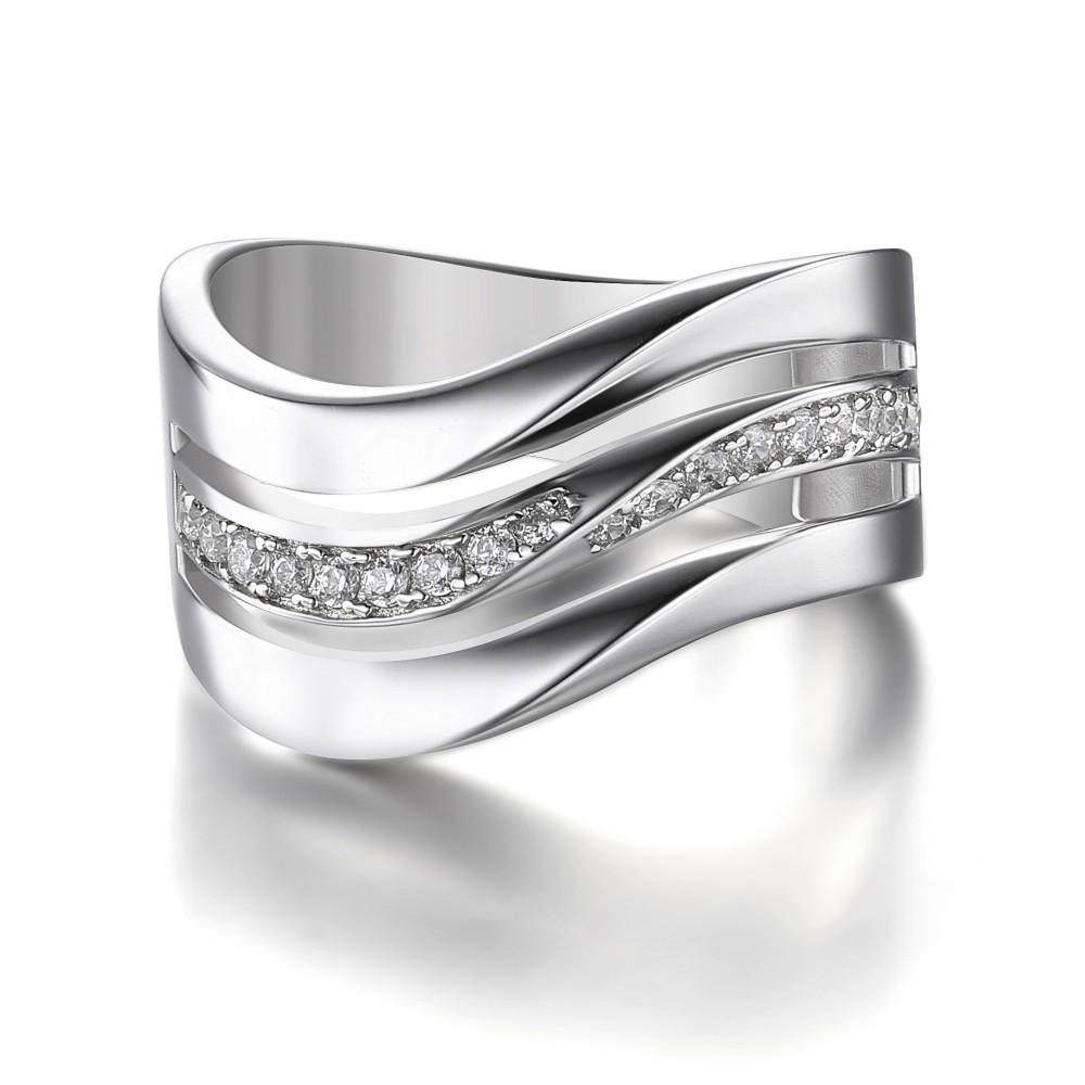 Huitan Fashion Contracted Office Lady Finger Rings Silver Color Wave Shape Shine CZ Stone Simple Daily Wear Party Women Jewelry