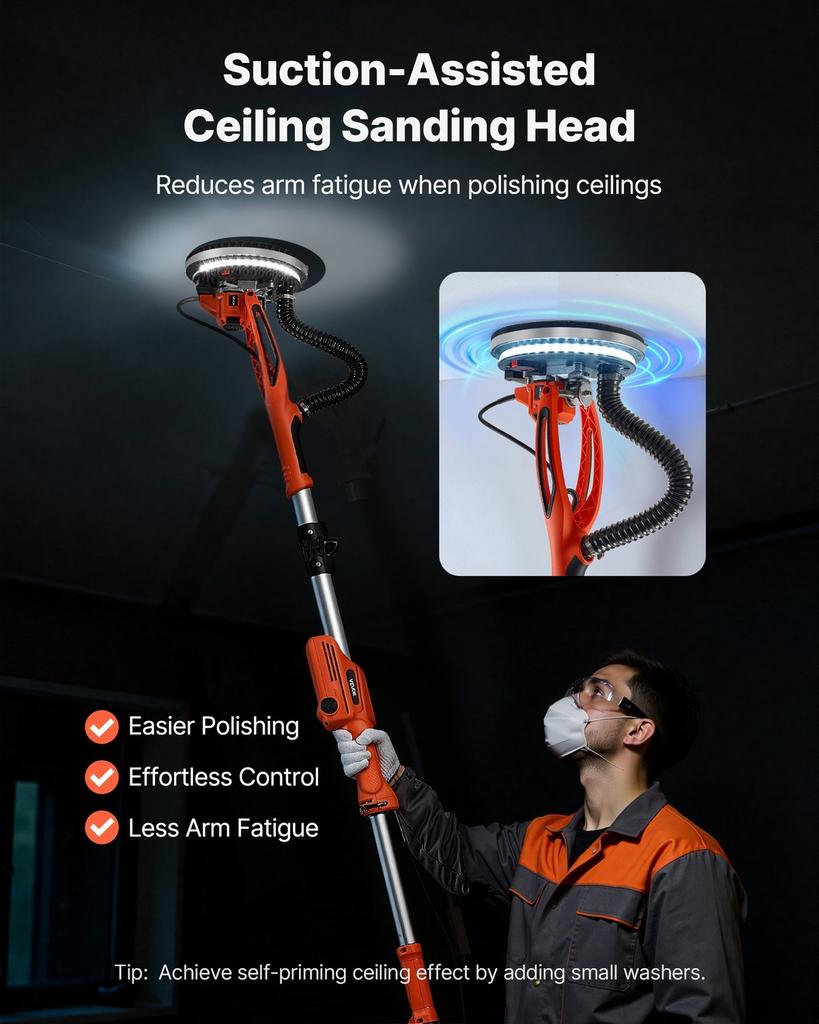 Lixadora de Gesso Acartonado, Lixadora Elétrica de Gesso Acartonado 950W, Ferramenta de Remoção de Teto com Pipoca com 7 Velocidades Variáveis 1000-2300 RPM, Luz LED de Deck Duplo, Dobrável &