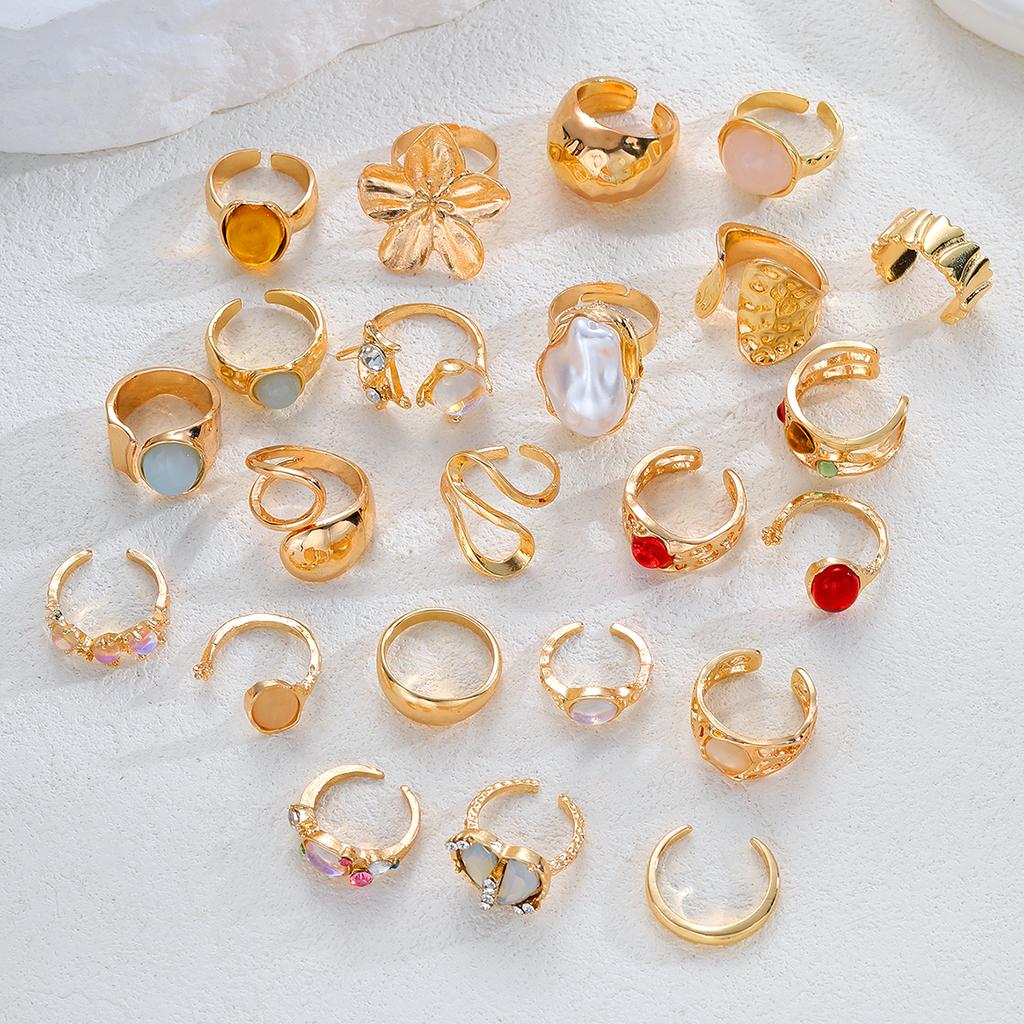 IF ME Floral Gemstone Ring Set For Women Vintage Irregular Lava Texture Opal Inlaid Rings Trendy Statement Jewelry