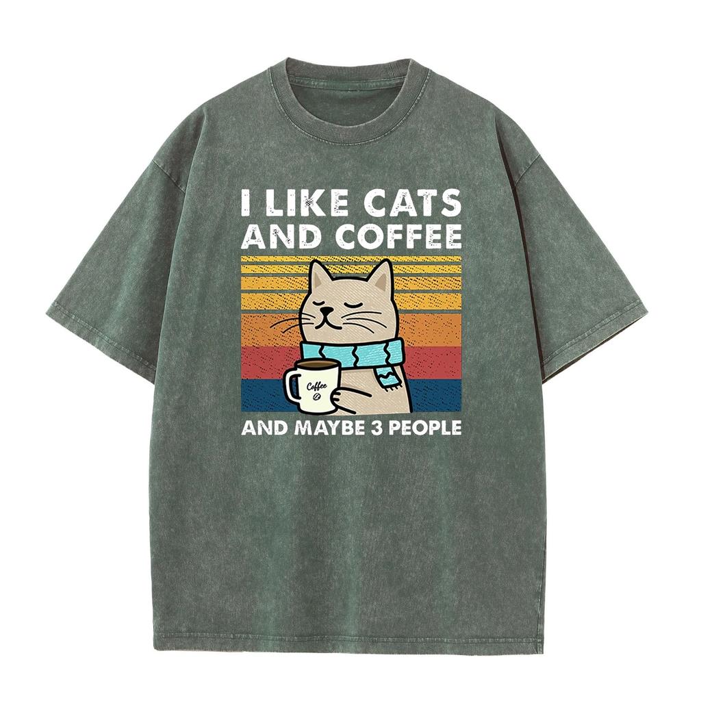 Unisex Cotton T-Shirt - I Love Cats Coffee Graphic Print Oversized Streetwear Hip Hop T-Shirt for Men Women Couple Matching
