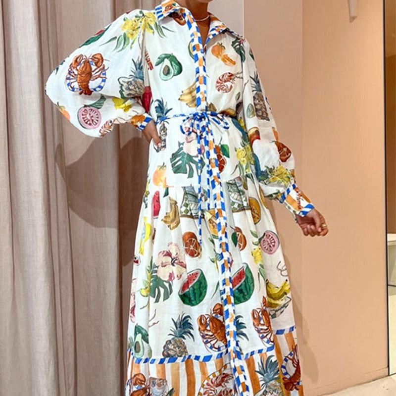 2025 European & American Women's Lantern Sleeve Print Turn-Down Collar Waist-Gathering Long Swing Spring Dress