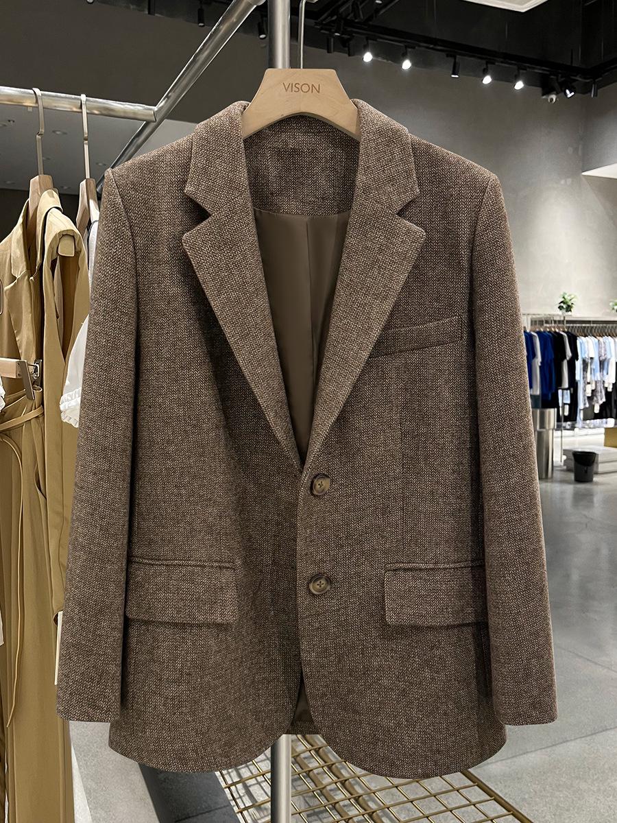 2026 Winter Women s Korean Style Brown Retro Wool Herringbone Jacket - Versatile & Chic S коричневый