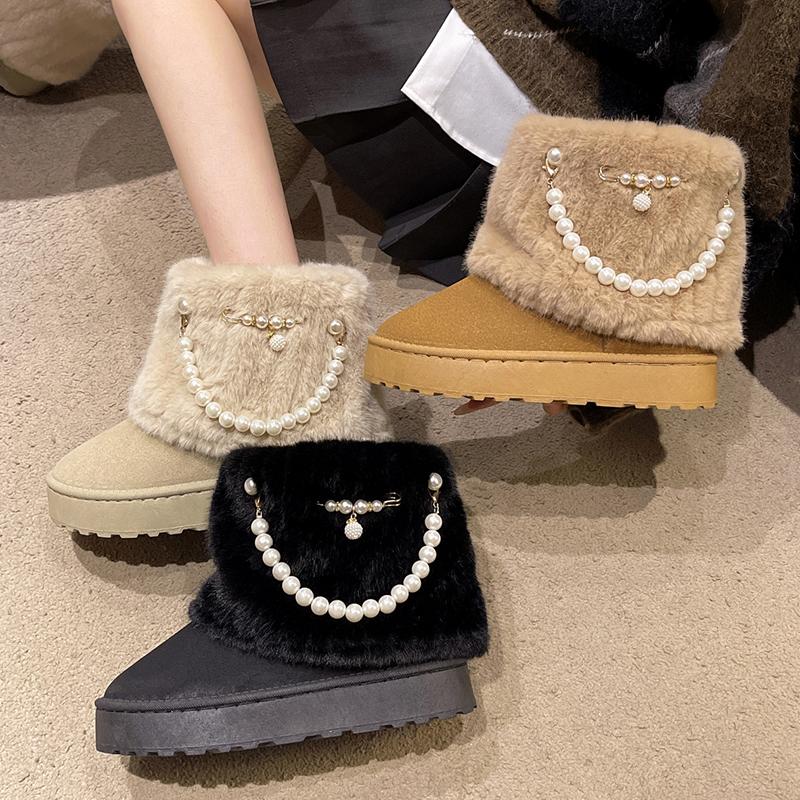 fashion Pearl Chain Decor Warm Snow Boots for Women Winter 2024 Fluffy Plush Platform Ankle Boots Woman Thick Sole Cotton Padded Shoes