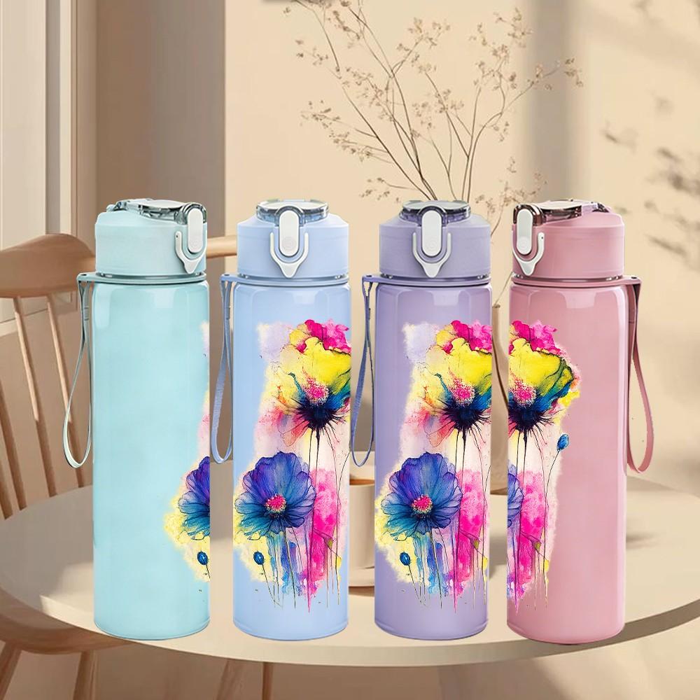 1PC Colorful Feather Boho Art Print 750ml Color Plastic Sports Water Bottle Leakproof Flip Straw Lid Suitable for Sports Office Home Use