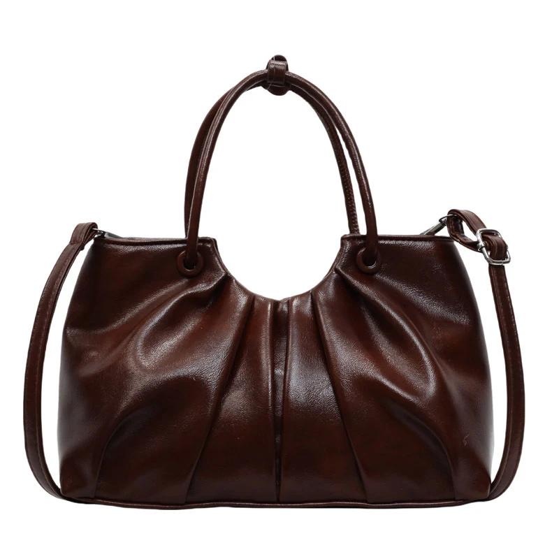 Vintage Pleated Women Crossbody Bag Fashion Pu Leather Tote Bucket Bag Large Capacity Commuting Shoulder Handbag