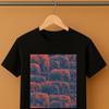 Vintage Elephant Herd Graphic T-Shirt with Retro Red and Blue Animal Print, Unisex Safari Wildlife Tee for Nature and Art Lovers