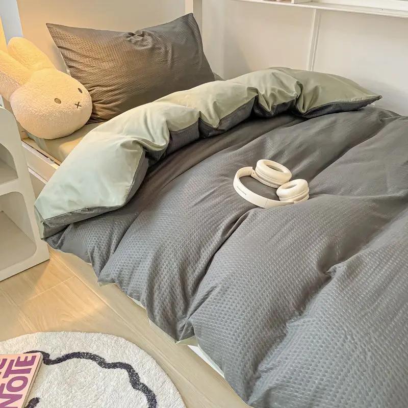 Ins Style Bedding Set Waffle Summer Student Dormitory Duvet Cover Set Bed Sheet Three Piece Set KING Queen