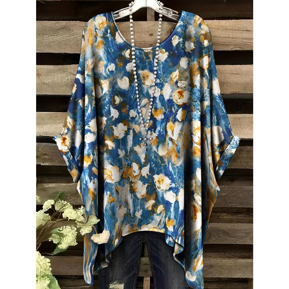 Bohemian Top for Women Elegant Colour Floral Graphics Design Round Neck Irregular Hem Women Casual Fashion Women Vacation Tops