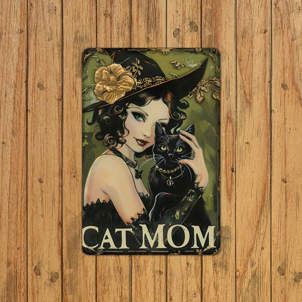 Vintage Style Iron Tin Sign Witch Cat Mom Art Floral Decor Metal Plaque Home Wall Art Mothers Day Perfect Gift