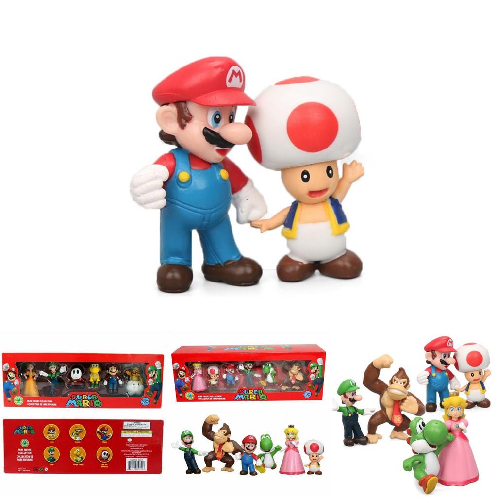 Sechsteiliges Super Mario Bros Actionfiguren-Spielzeugset mit Luigi, Yoshi und Pilz-Sammelfiguren für Kinder