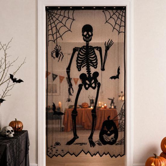 Halloween Türvorhang, Spitze Spinnennetz Kaminabdeckung, Gruseliges Skelett Hexe Fledermaus Druck Fenster Tür Vorhänge für Haus Innen Party Dekoration