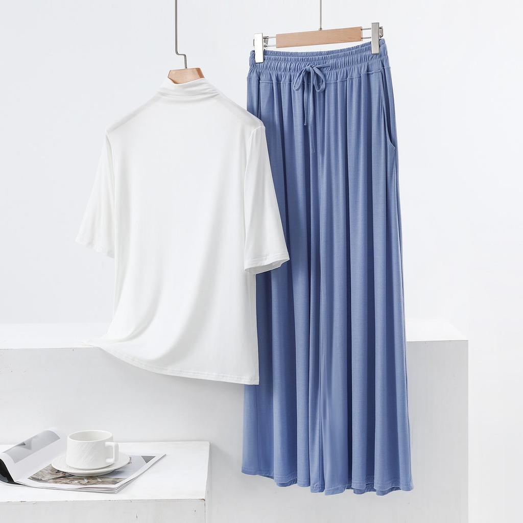 Modal Semi-High Neck Five-Sleeve Shirt & Pocket Wide-Leg Pants Casual Plus Size Two-Piece for Women