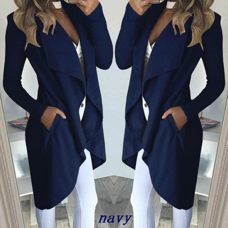 

Women s Slim Plus Size Windbreaker Jacket with Long Lapel Solid Color S синий