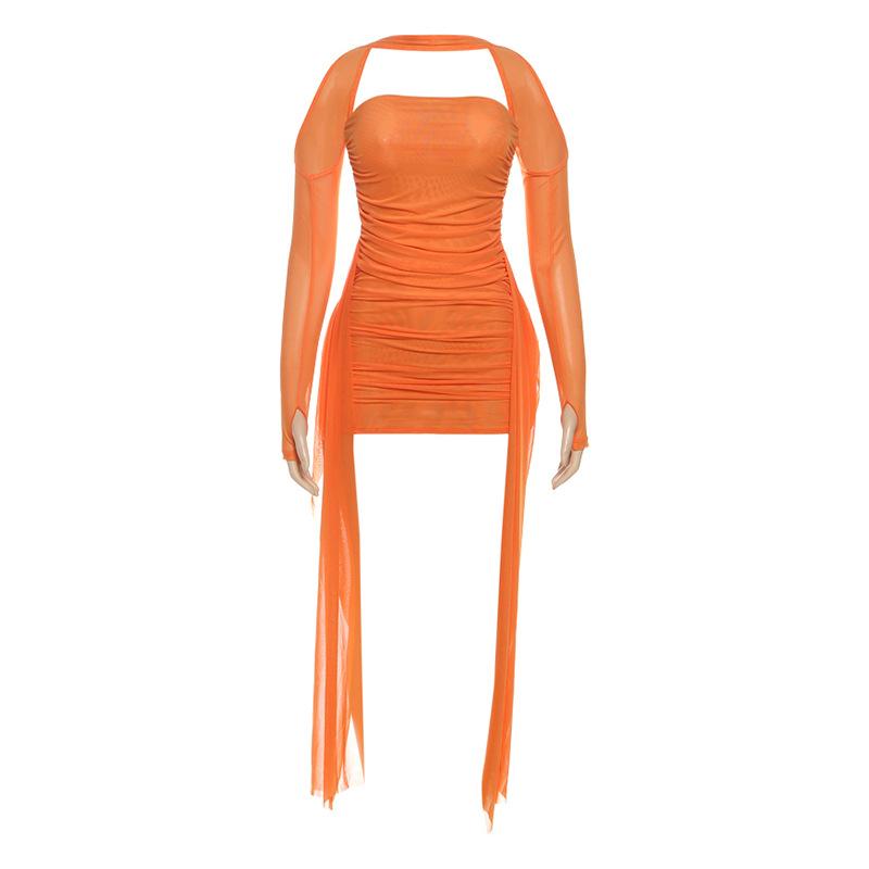 Summer Long Sleeve Bodycon Mini Short Dress Ribbon Pleated Tube Top Fashion New Sexy Party Dresses Hip Skirt Set Slim Fit Women's Clothing