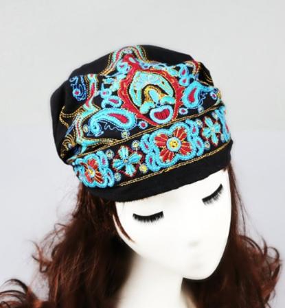 Lady Women Soft Cotton Ethnic Style Turban Hat Head Wrap Scarf Beanie Embroidered Flower Florals Print