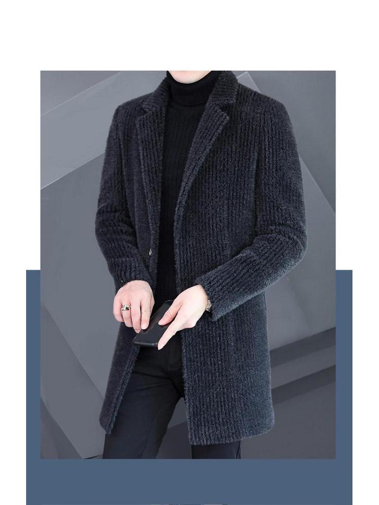 Men's Striped Mid-Length Overcoat Suit Collar Trench Coat, 2023 Autumn/Winter, Youth Plus Cotton, Thickened.