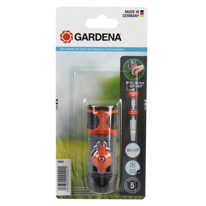 GARDENA Raccord régulateur – Compatible tuyaux Ø13mm & Ø15mm – Réglage débit & pression – Résistant gel – Garantie 5 ans (2942-20)