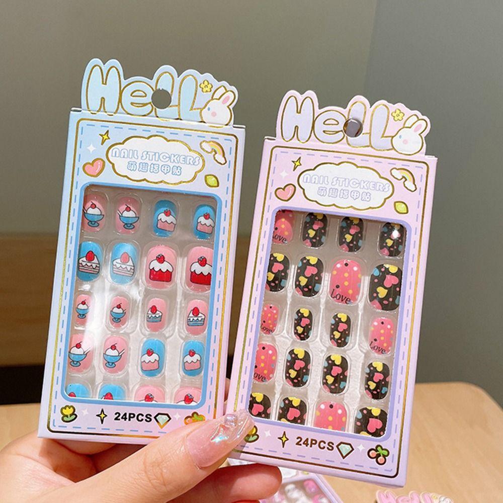 Cute Children Wearing Nails Cherry Love Heart Nail Tips Hot Long Nail Sticker for Girls Students
