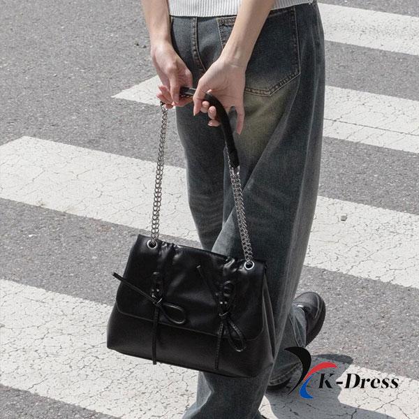Loving Ribbon Leather Chain Shirring Square Flap Crossbody Shoulder Bag (4 Colors)