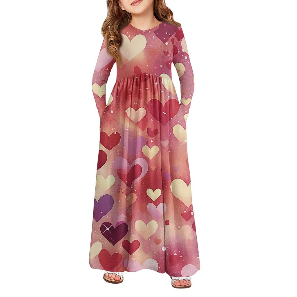 Girls' Maxi Dress - Long Sleeve Pocket Dress Valentine's Day