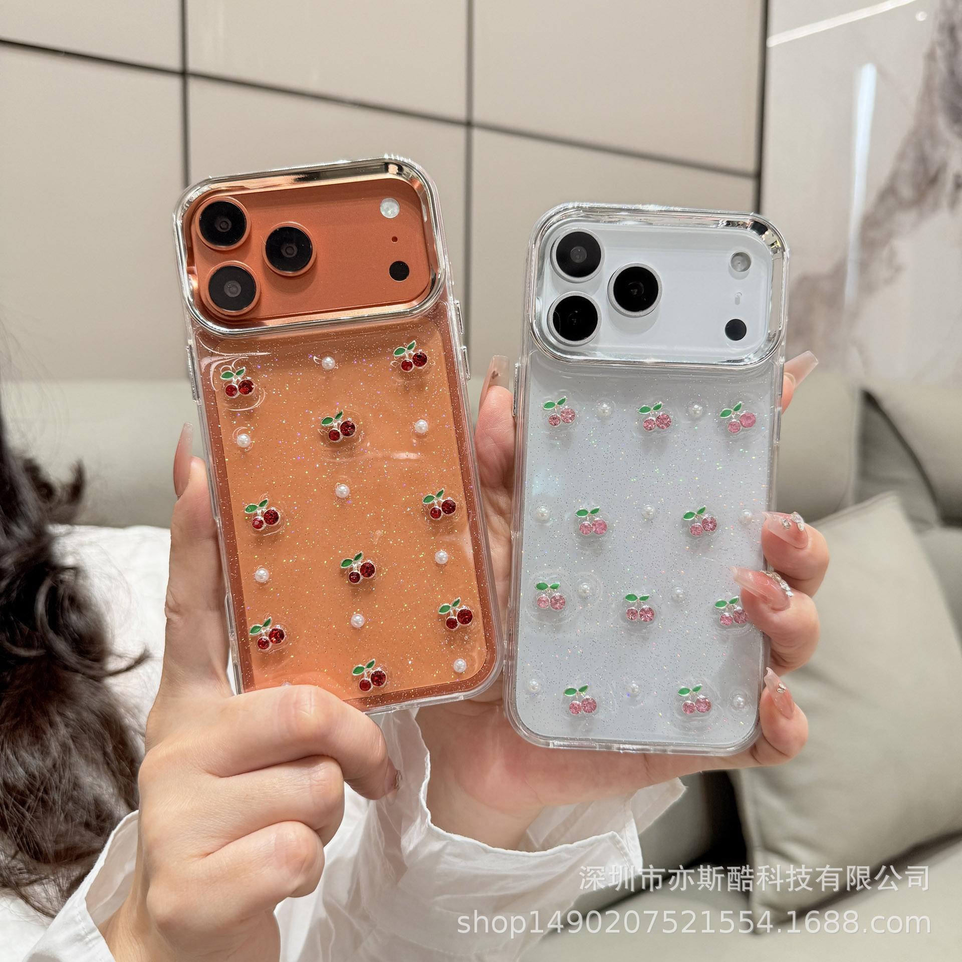 

Pearl Cherry 3D Epoxy Phone Case for iPhone 13-16 Pro Max, Transparent and Girly 11 красный