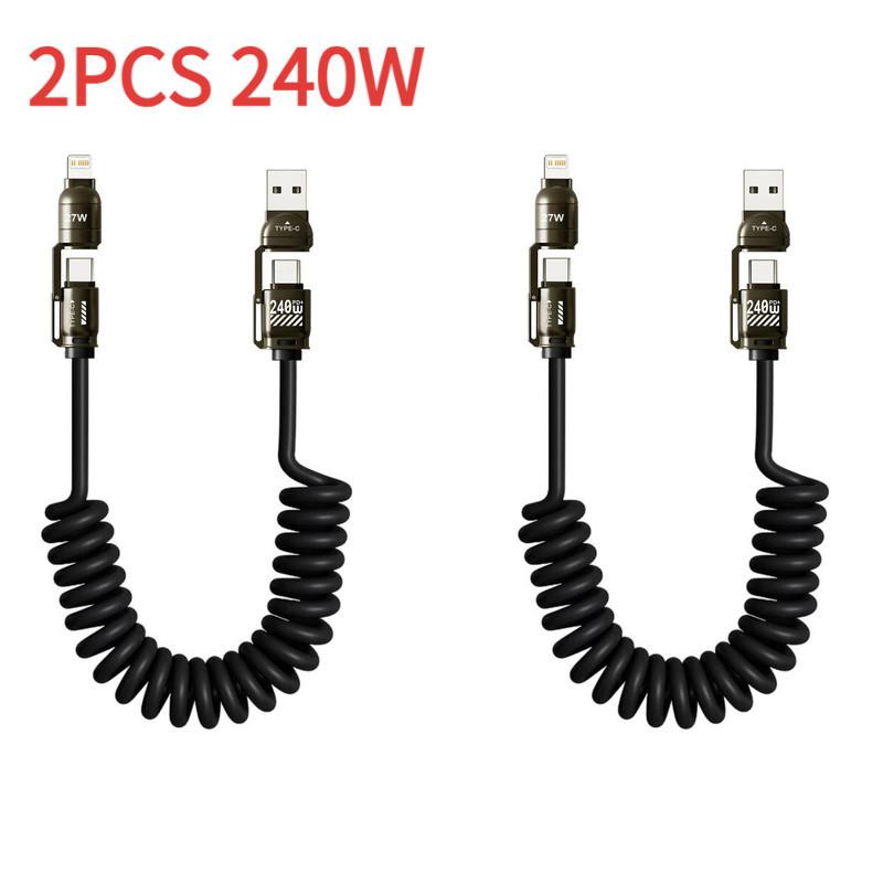 240W 4-in-1 Fast Charging Spring Data Cable Retractable Multi USB Type-C To Lightning Type-C for Phone Tablet