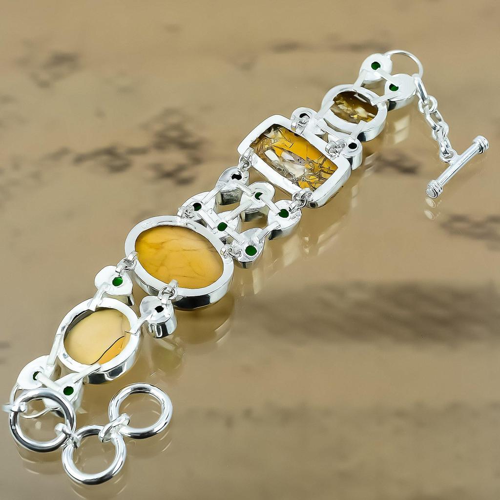 925 Silver Natural Brecciated Mookaite Chrome Diopside Chain Bracelet Jewelry