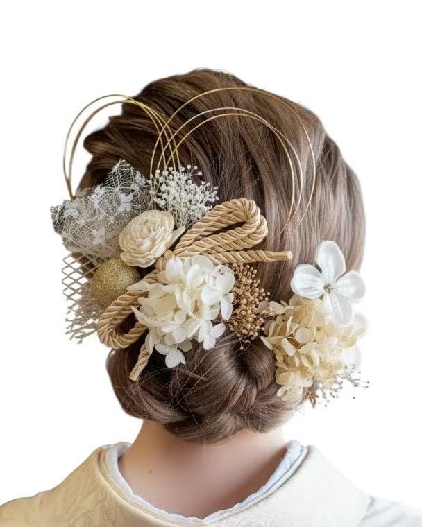 

[Lomeri] Mizuhiki Hair Ornament, White, Preserved Flowers, Japanese-style Ball, Mizuhiki, for Coming-of-Age Ceremony, Wedding, Pre-wedding