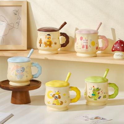 Cartoon Tierbecher Niedliche Keramik Frühstückstasse mit Deckel Löffel Kinder Niedlich Lustig Haushalt Trinkbecher Souvenir Geschenk Tasse